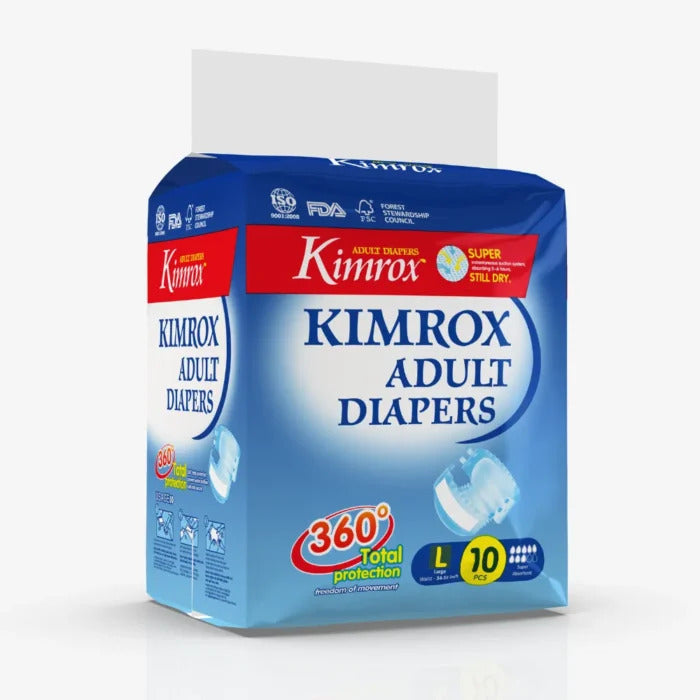 Kimrox Adult Diapers Large 10 Pcs Waist 34" - 55" | Superior absorbency and a secure fit for total peace of mind. - Fortune Store