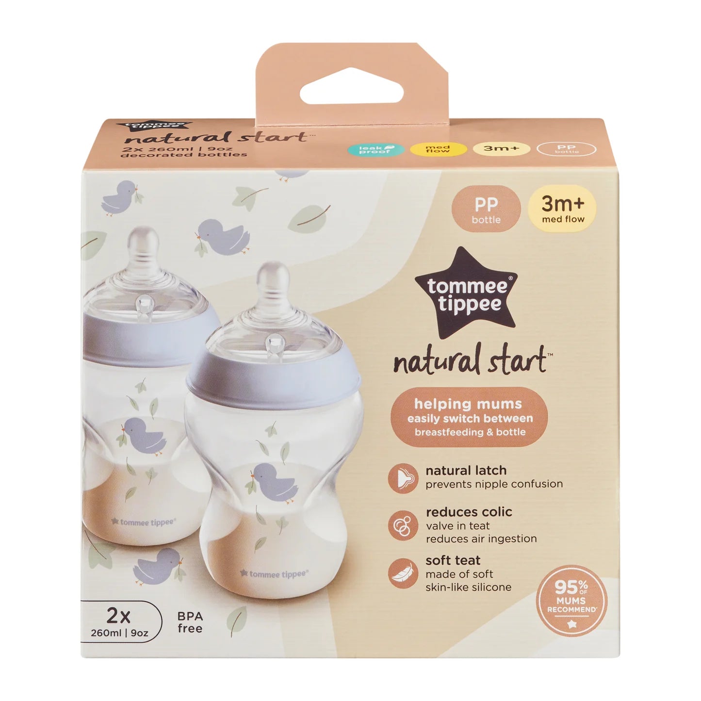 Tommee Tippee Natural Start Decor Bottles 260ml Twin Pack – 3 Months+ | Anti-Colic, BPA-Free Baby Feeding Bottles