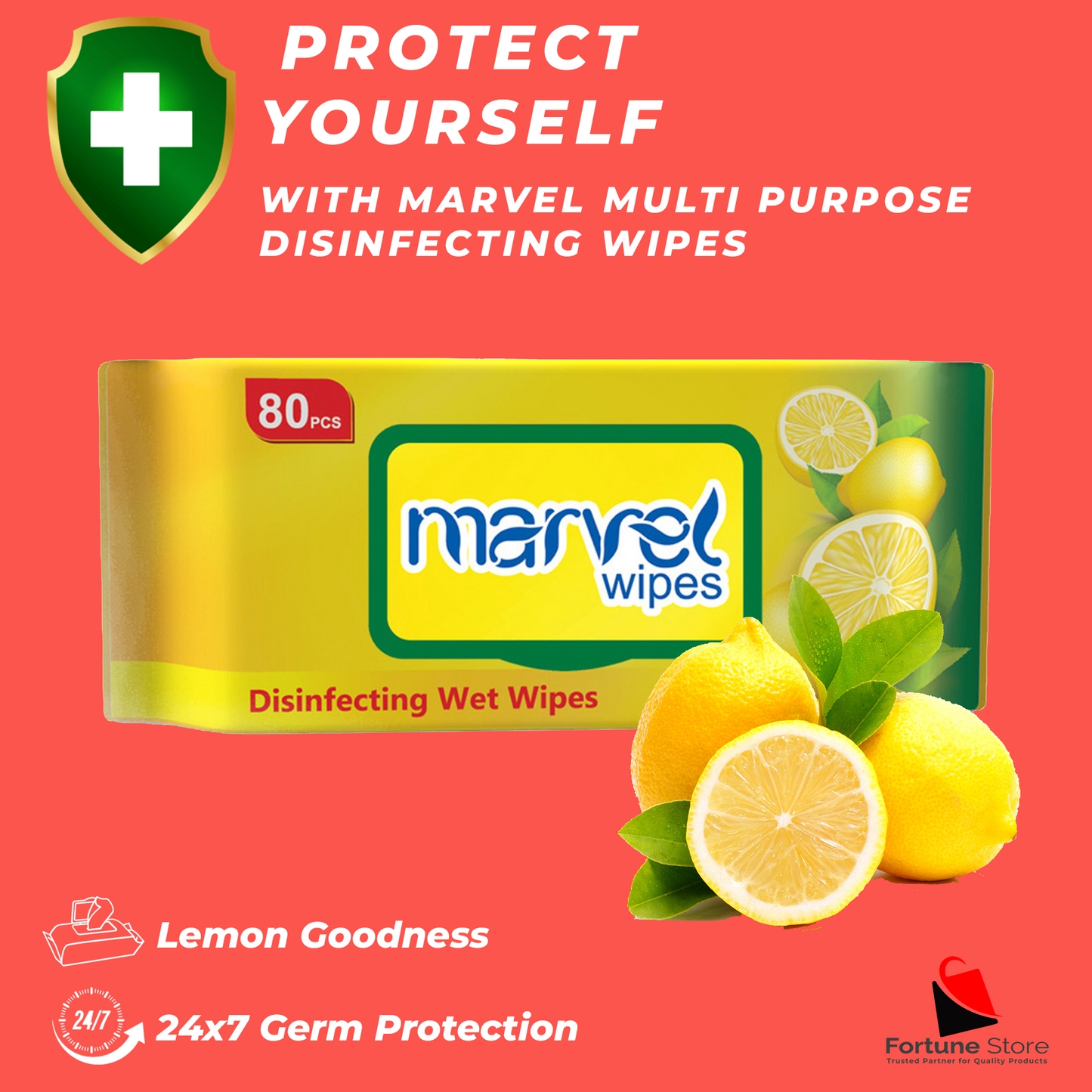 Marvel Disinfecting Wet Wipes 80pcs – Antibacterial Cleaning Wipes for Hands and Surfaces