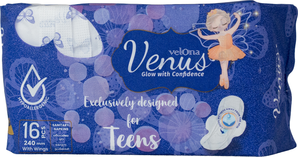 Velona Venus Teen Sanitary Napkins Wings 16 Pcs (240mm) | Gentle protection and ultimate confidence for your first years of period care. - Fortune Store
