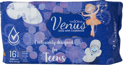 Velona Venus Teen Sanitary Napkins Wings 16 Pcs (240mm) | Gentle protection and ultimate confidence for your first years of period care. - Fortune Store