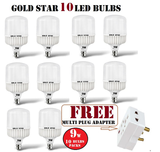9W 10 BULBS – Quality GOLD STAR LED BULBS + [ FREE MUITY PLUG ADAPTER ]