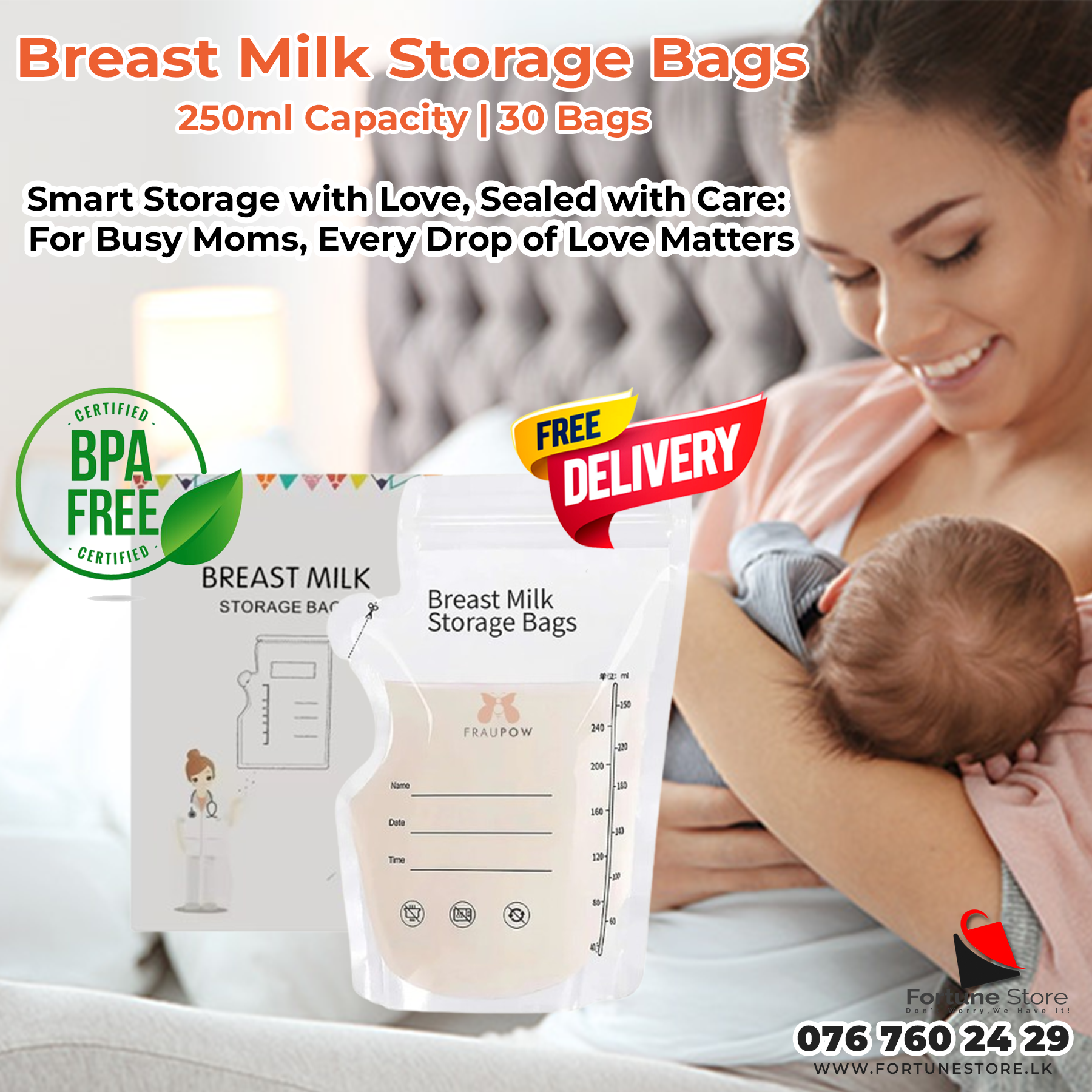 Premium Breast Milk Storage Bags | 250ml Capacity | 30 Bags | Free Delivery - Fortune Store