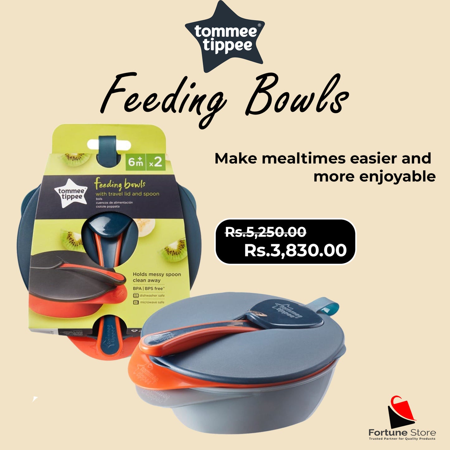 Tommee Tippee Easi Scoop Feeding Bowls with Lid and Spoon 2pcs - Make Mealtimes Easier & More Enjoyable - Fortune Store