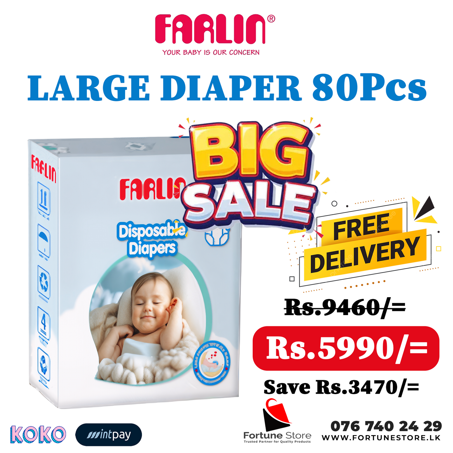 Farlin Baby Diapers Large 80pcs | 82Pcs (9-14kg) | Superior Comfort & Leak Protection | Free Delivery