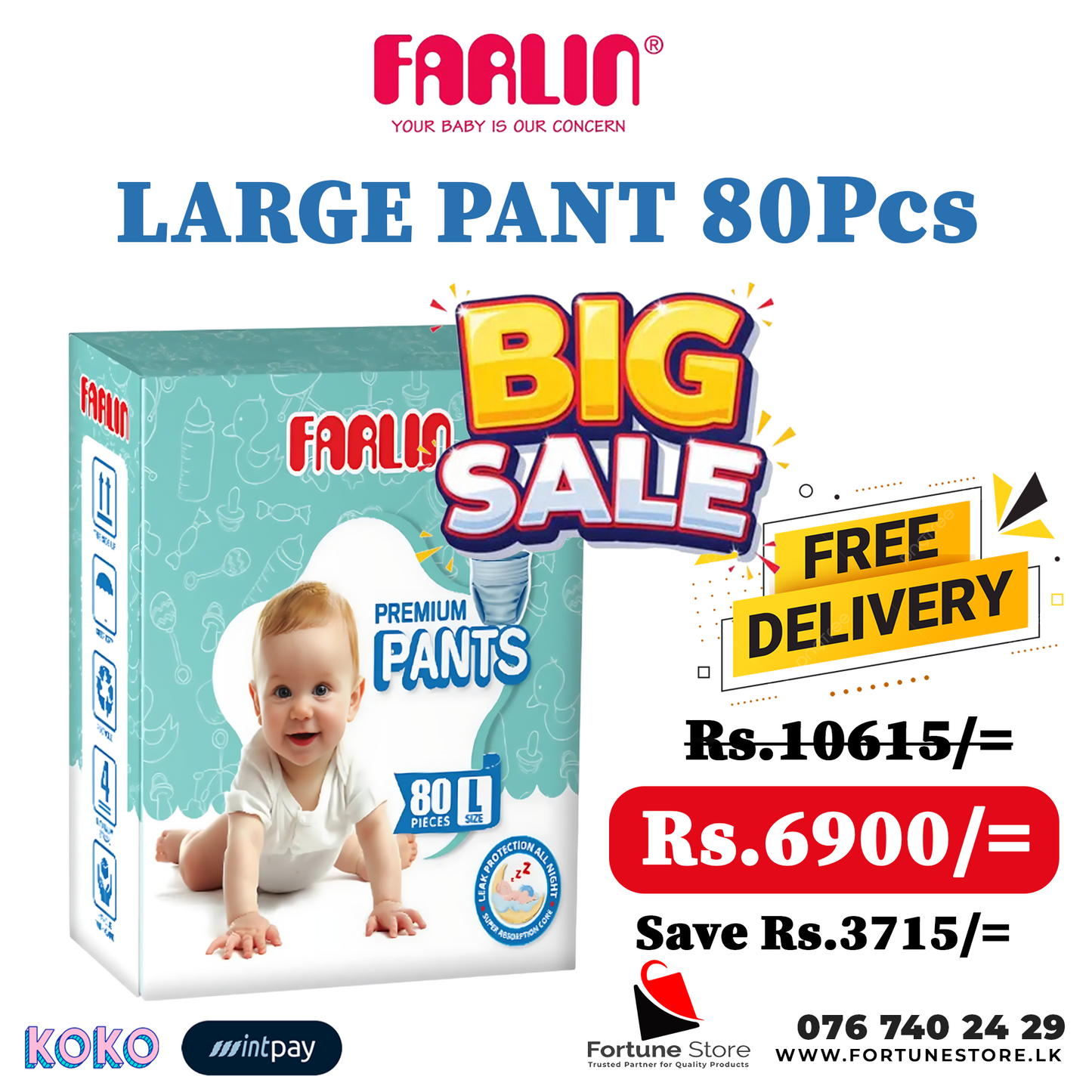 Farlin Baby Pants Large 80pcs 9-14kg  | Ultra-Soft & Absorbent | Free Delivery