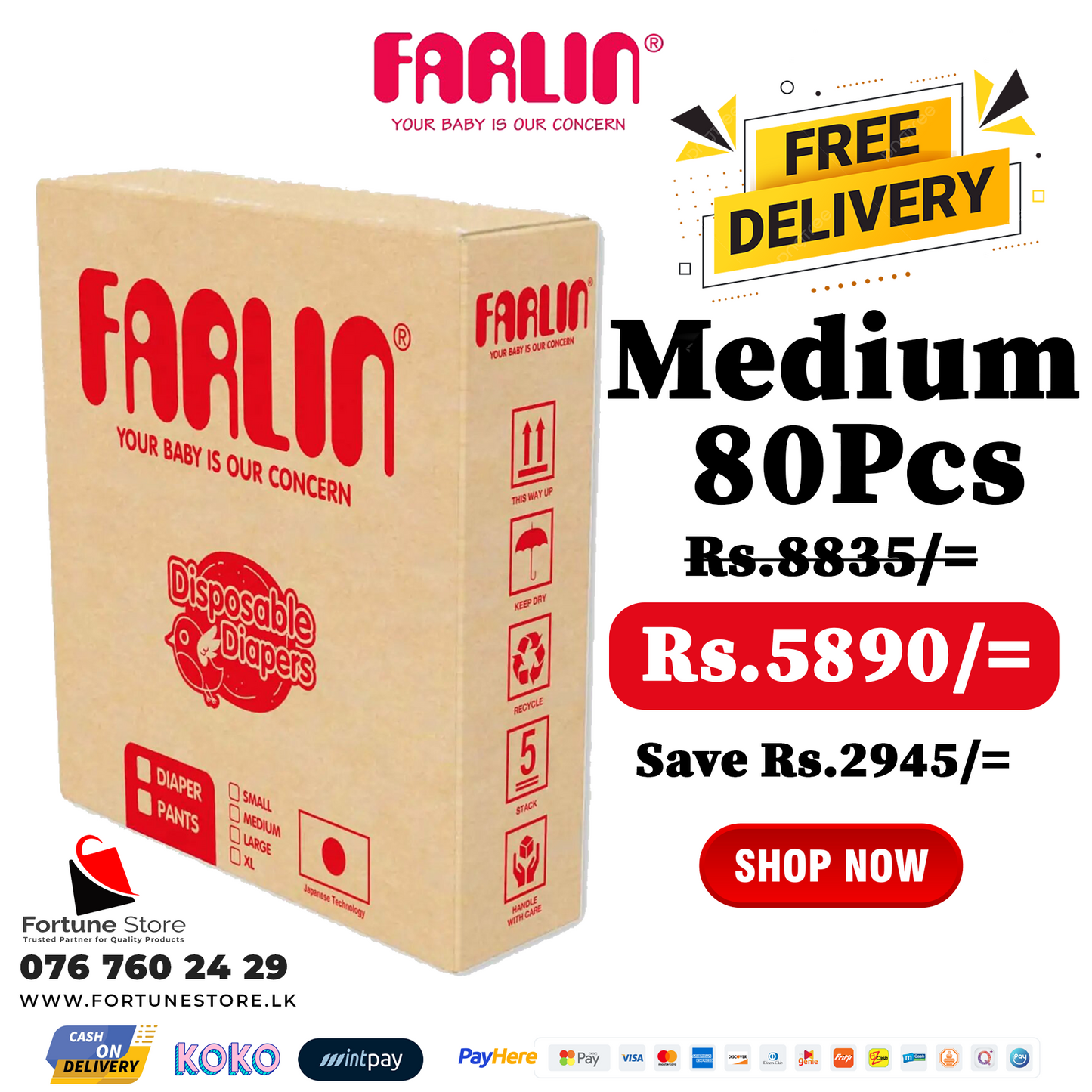 Farlin Baby Diapers Medium 80pcs (5-10kg) |Ultimate Comfort & Leak Protection | Free Delivery