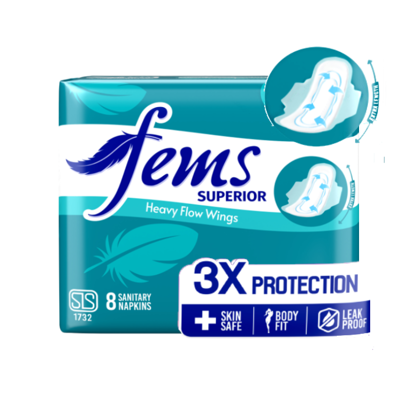 Fems Superior Heavy Flow Wings Sanitary Napkins 8pcs | Strong Protection for Heavy Flow Days - Fortune Store