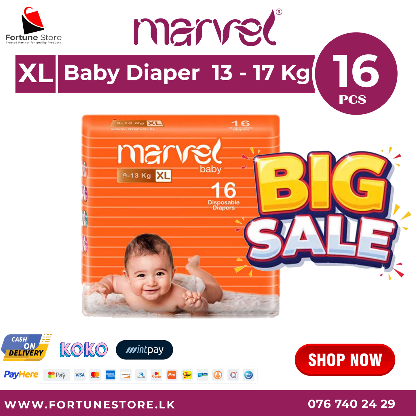 Marvel XL Baby Diapers - 16 | 32 pcs | Ideal Comfort & Protection for Babies