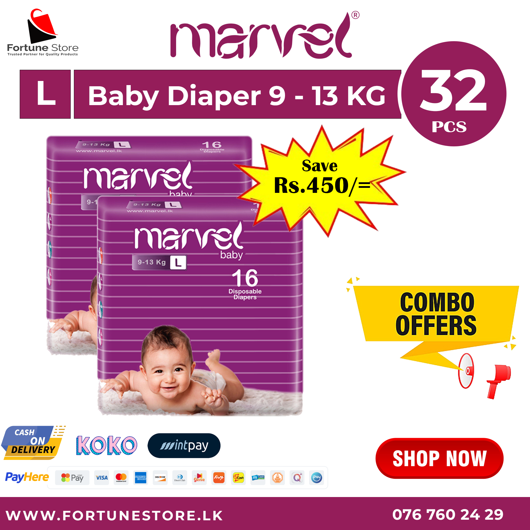 Marvel Large Baby Diapers - 16 | 32 pcs | Ideal Comfort & Protection for Babies - Fortune Store