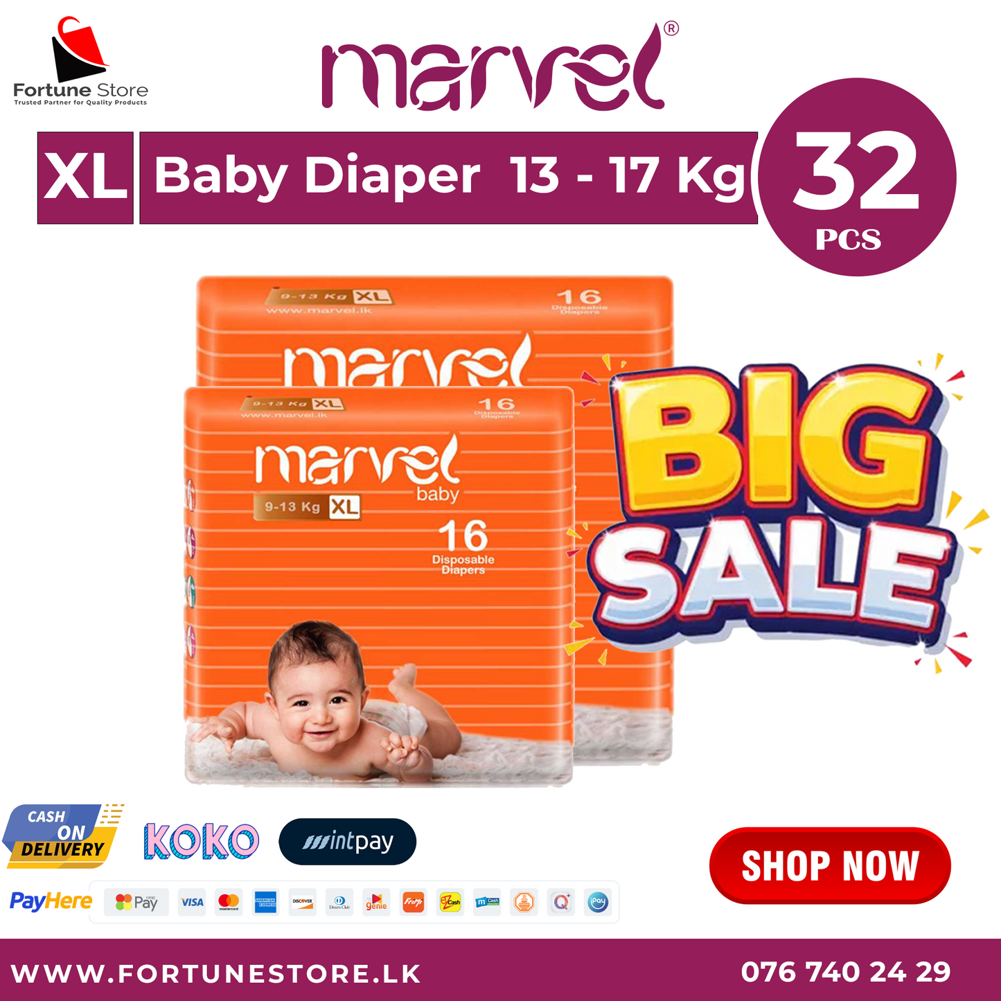Marvel XL Baby Diapers - 16 | 32 pcs | Ideal Comfort & Protection for Babies