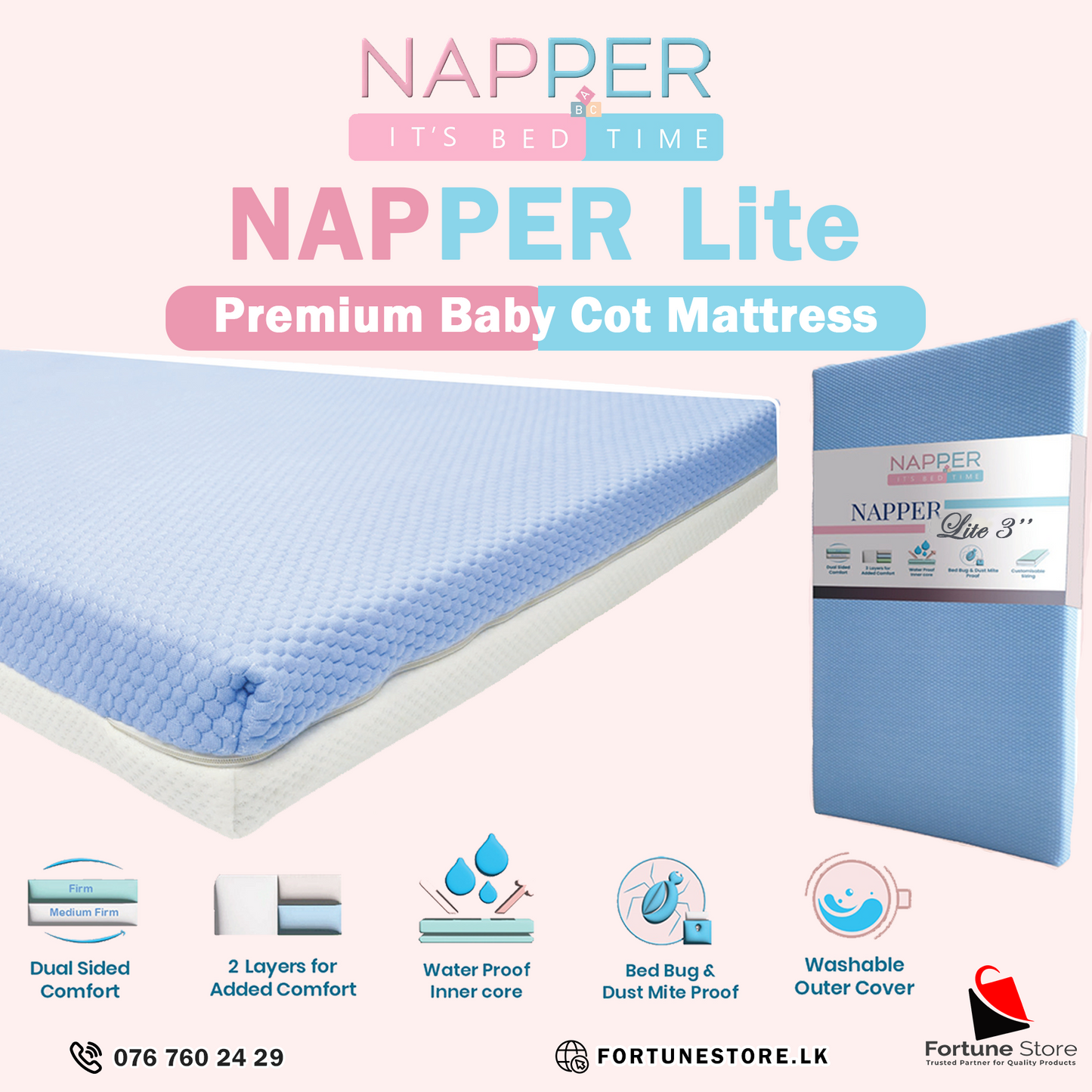 Napper Lite 3" Baby Cot Mattress  – Waterproof, Soft, Supportive & Safe Sleep for Your Baby