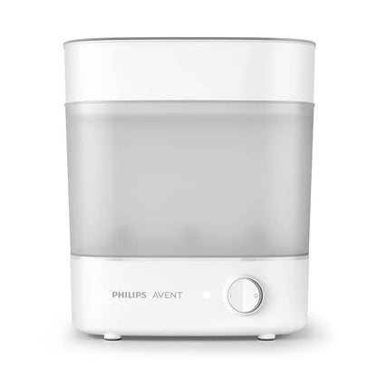 Philips Avent electric sterilizer and dryer shown on a clean white background. The device features a white plastic base with a rotary dial, a translucent gray middle section, and a white top lid.