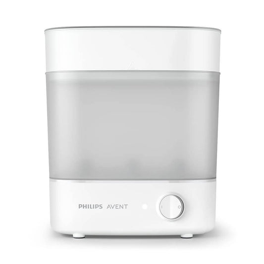 Philips Avent electric sterilizer and dryer shown on a clean white background. The device features a white plastic base with a rotary dial, a translucent gray middle section, and a white top lid.