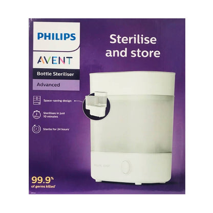Philips Avent Advanced Bottle Steriliser retail packaging on a purple background, showing the white steriliser container and product features.