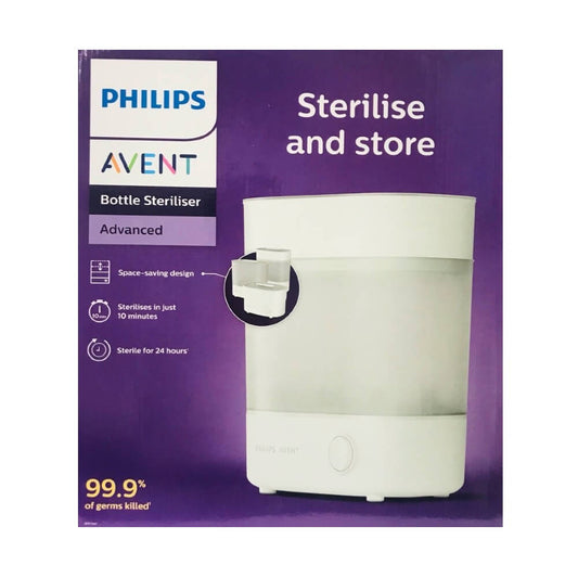 Philips Avent Advanced Bottle Steriliser retail packaging on a purple background, showing the white steriliser container and product features.