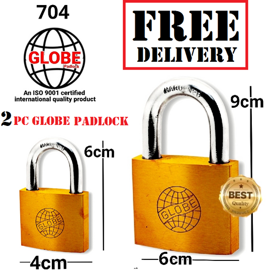 2PC PADLOCK ( HIGH Quality GLOBE padlock ) 6*4 / 9*6 - FREE DELIVERY