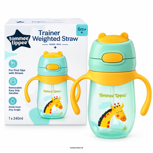 A Tommee Tippee Trainer Weighted Straw bottle with a giraffe illustration, shown next to its retail packaging box on a clean white background.