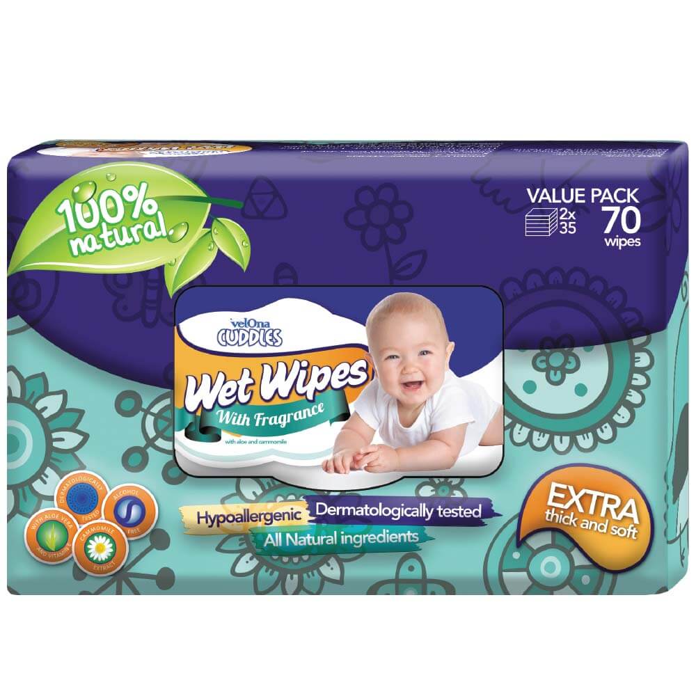 Velona Cuddles Baby Wet Wipes 70pcs & 40Pcs Pack With Fragrance | Gentle cleaning with a touch of lasting freshness. - Fortune Store