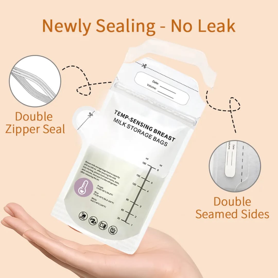 Premium Temperature Sense Breast Milk Storage Bags 180ml 30 Pack | Leak-Proof Thermal Indicator Nursing Bags