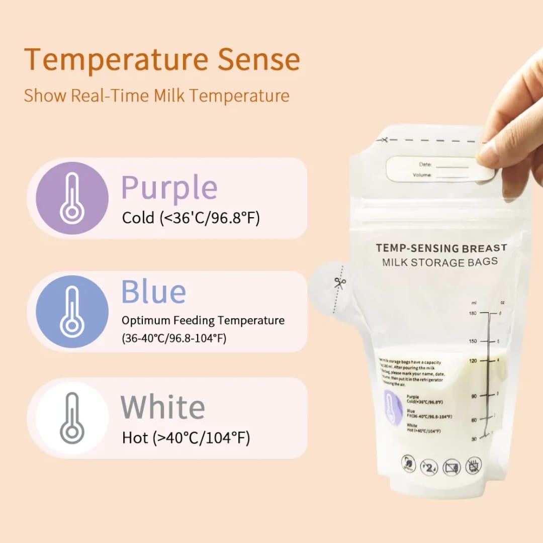 Premium Temperature Sense Breast Milk Storage Bags 180ml 30 Pack | Leak-Proof Thermal Indicator Nursing Bags