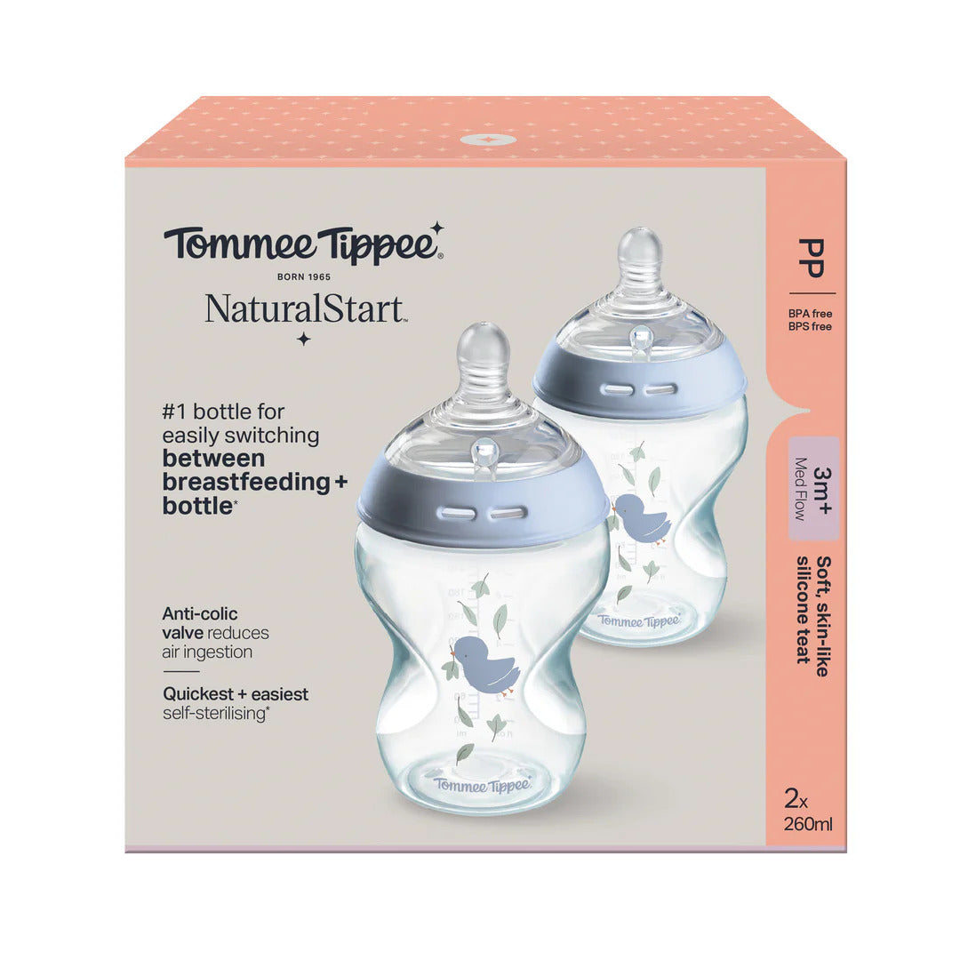 Tommee Tippee Natural Start Decor Bottles 260ml 3m+ Twin Pack – Pink & Blue | Anti-Colic, BPA-Free Baby Feeding Bottles