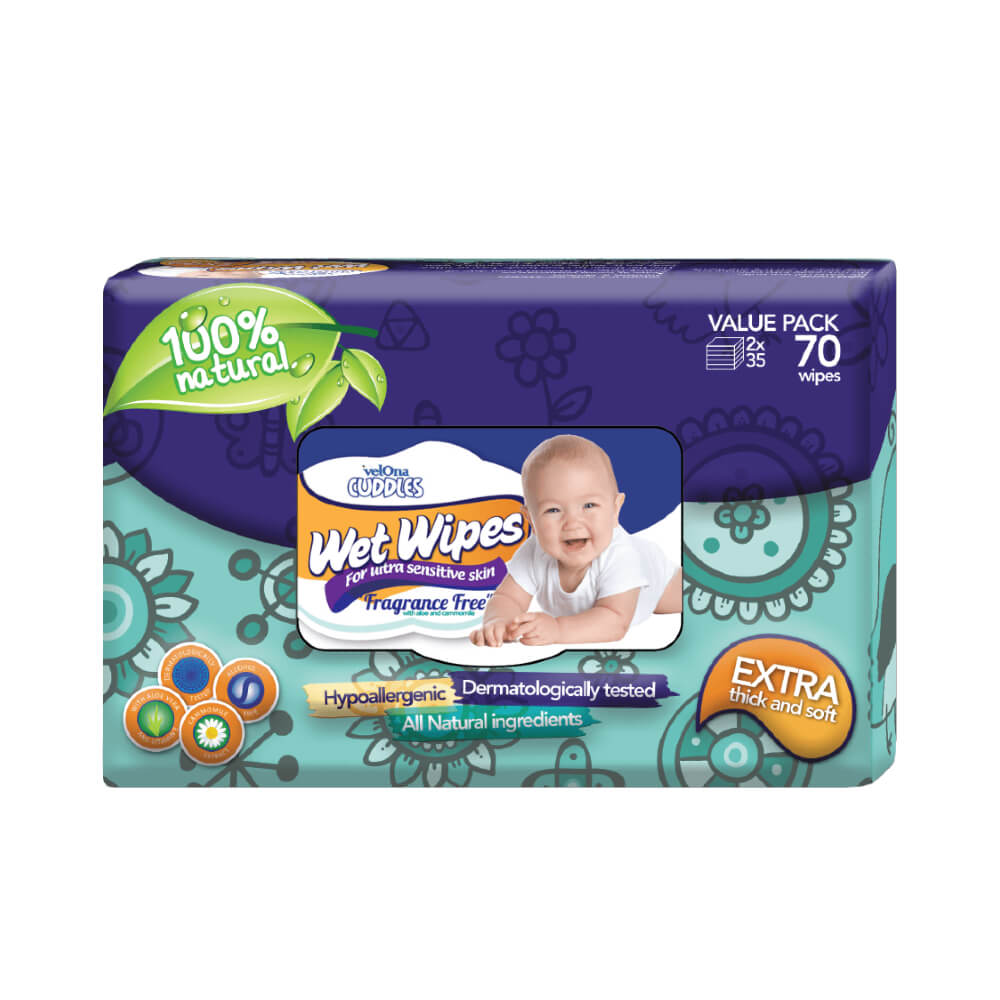 Velona Cuddles Fragrance FREE Baby Wet Wipes 70 Pcs | Pure Protection for Precious Skin